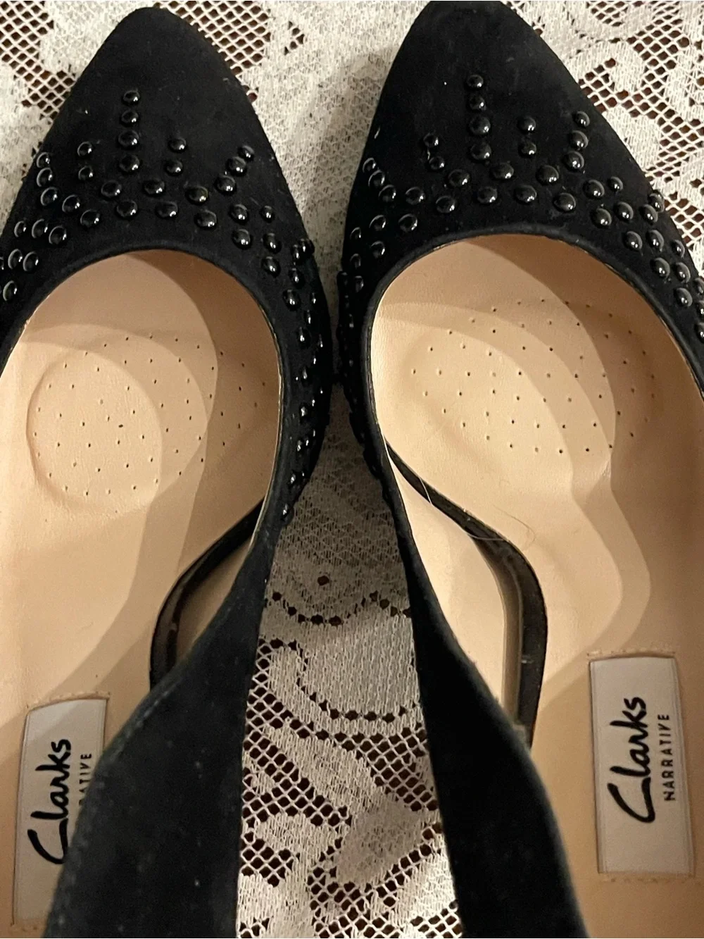 Clarks Black Suede Pointed-Toe Stud Heels